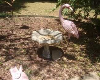 Concrete bird bath, metal flamingo