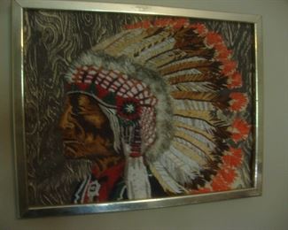 Framed embroidered Indian chief