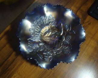 Peacock carnival glass bowl