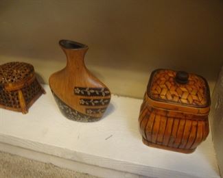 Cane baskets, pottery vase