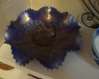 Peacock carnival glass bowl