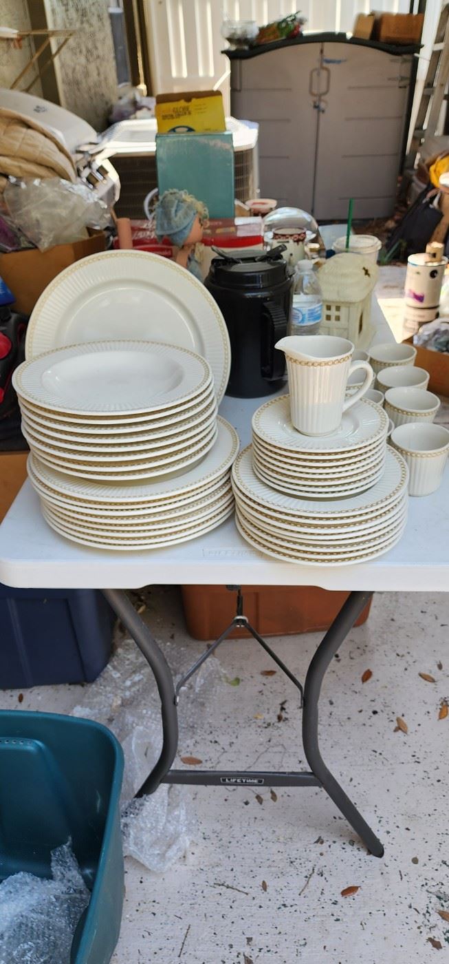 42 piece International Tableworks Stoneware set.  Serves 8. Includes dinner plate, salad plate, bowl, 
saucer and cup.  Also includes creamer and serving platter.  Oven, microwave and dishwasher safe. Prefect condition.  No chips or cracks. 