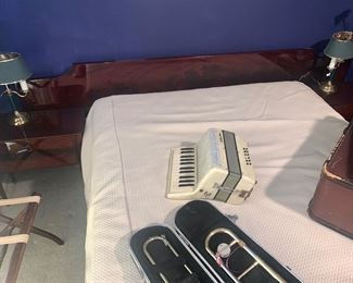 Tiger Wood Bed, Side Tables, Matching Armoire, Long Cabinet, Instruments, Brass Lamps