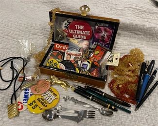 Vintage Pinbacks Buttons Movies, Superheroes, Mickey Vintage Silverware, Pens, Natural Stone Necklaces