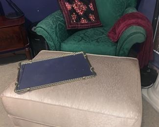 Wood accents Green Fabric Club Chair, Cream Foot Stool, Mirror Tray