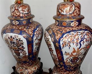 Pair of Huge Three Piece Imari Asian Foo Dog Ginger Jars on Wood Bases