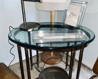 Brass and Glass Oval Table, Brass Bucket, Chrome Lamp