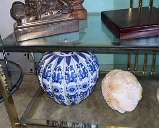 Pumpkin Shape Ginger Jar Blue and White, Stone Shell Head Lady Planter