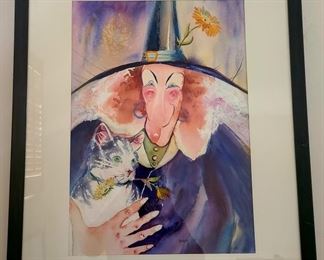 Signed Watercolor Witch with Cat Marj Hales Illustrator