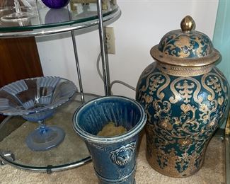 Vintage Chinese Ginger Jar Repaired Lid, Lion Vase, Blue Depression Glass, Cobalt Glass