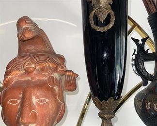 Antique Neoclassical French Gilt Bronze
Black Ebony Porcelain Ram Head Vase, Clay Head