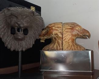 Carved Eagle Bookends, Iron Lion Head