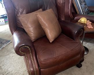2 Matching Leather Reclining Club Chairs, Leather Pillows