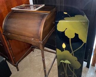 Vintage Small Barrel Roll Top Desk, Lacquer Plant/Lamp/ Vase Pedestal