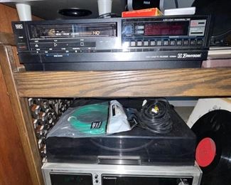 Panasonic Stereo, Emerson VHS Player, Mid Century Record Player Stand/Cart