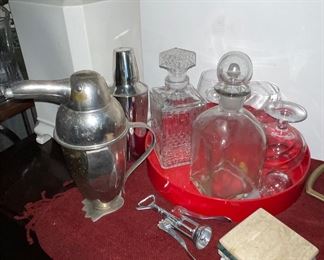 Penguin Cocktail Shaker, Glass Decanters, Red Lacquer Tray