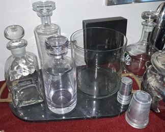 More Decanters, Glass Ice Bucket, Marble Tray Brass Handles