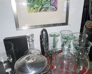 Chrome Ice Bucket, Green Wine Glasses, Bullet Shaker