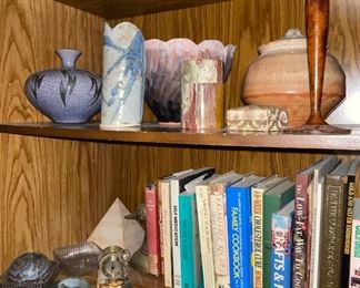 Marble Pyramids, Variety of Pottery, Brass Duck Head Bookends, Signed Paperweights