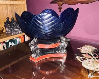 Cobalt Blue Glass Bowl on Foo Dog Stand