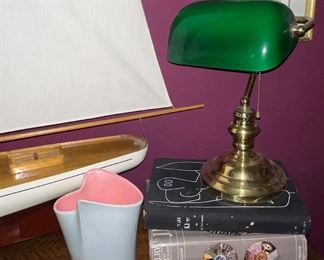 Green Glass Shade Brass Lamp, Antique Books,