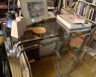 Mid Century Modern Chrome and Glass Console Table or Bar Server, Stone Candle Holders, Metal Pineapple Dish MCM, Prints and Watercolors