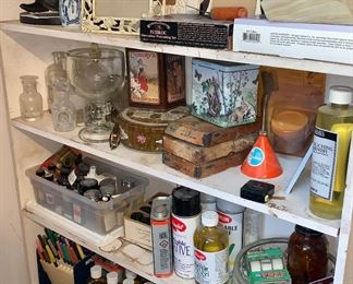 Frames, Vintage Jars, Tins, Paints, Stains, Inks, Brush Cleaners, Varnish, Etc.