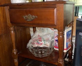 Maple Side Table, Lefton Candle Holders, Angel Vase, Manhattan Glass Relish Tray