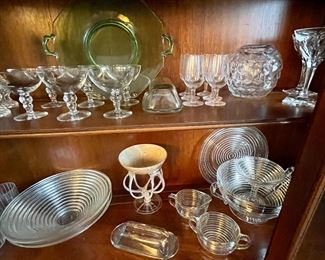 Manhattan Glass Hocking, Covered Butter Dishes, Goblets, Salt Pepper Set