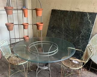 Glass Table, Wrought Iron Chairs, Wrought Iron Multi Plant Holder, Big Piece of Marble