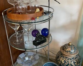 Round 3 Tier Chrome and Glass Shelf Server, Riedel Merlot Goblets, Glass Paperweights, Bodrul Khalique - IKEA - Ballerina Sculpture