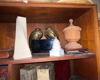 Straw Hats, Brass Birds on Black Marble, Marble Bookends,
