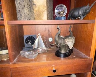 Brass Elephant Bookends, George Washington Bust, Glass Sailboats
