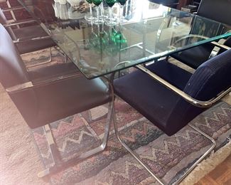 4 Chrome Flat Bar Black Cantilevered Chairs, Two Blue Stripe Round Chrome Tube Chairs