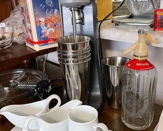 Hamilton Beech Shake Mixer, White China, SELTZER BOTTLE ENGLISH SCHWEPPES CLEAR GLASS ACID ETCHED SODA SELTZER BOTTLE