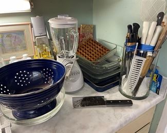 Knives, Casserole Dishes, Enamel Strainers, Blender, Utensils