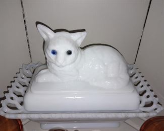 Milk Glass Cat Box On Basket