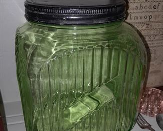 Antique Green Depression Candy Jar W/ Tin Lid