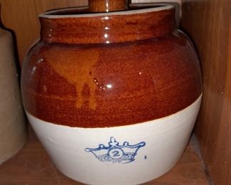 Antique Pottery Crockware W/ Lid & Blue #2 Crown
