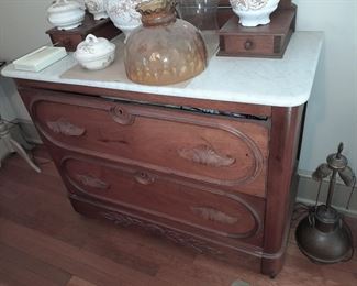 Antique Wood Carved Dresser W/ Mirror & Marble Top