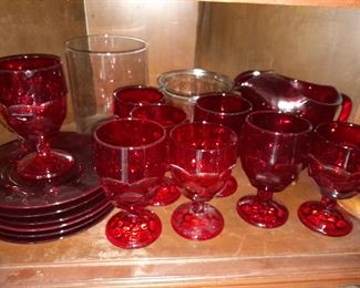 Red Colored Pitcher, Glasses, & Plates Set
