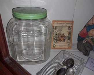 Antique Glass Candy Jar W/ Green Tin Lid