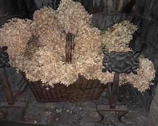 Floral Arrangement In Basket W/ Cast Iron Fireplace Andirons