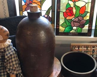 Tennessee clay jug, stained glass panels