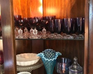 amethyst glass ware, blue and white Fenton glass