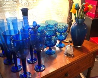 blue glassware, glass flowers