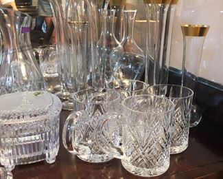 Paul Sebastian crystal mugs, gold rim vases, Waterford music box