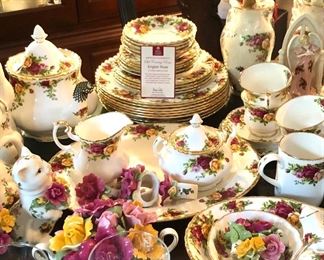 English Rose platters, bowls, napkin rings, tea set