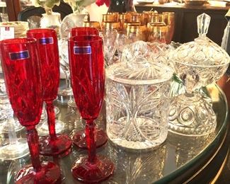 Gorgeous Waterford Ruby Champaign flutes, Crystal biscuit jar, crystal candy dishes
