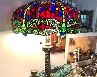 Gorgeous Tiffany Style stained glass lamp -dragonfly pattern 28" tall